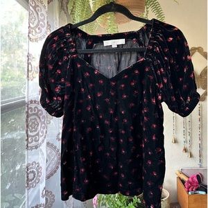 LOFT Floral Velvet Puff Sleeve Top
